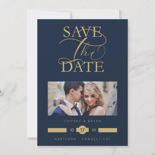 Save The Date Luxurious Fancy Blue Marine  Photo Gold Script (Devant)
