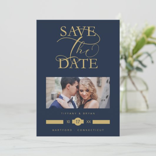 Save The Date Luxurious Fancy Blue Marine  Photo Gold Script (Debout devant)