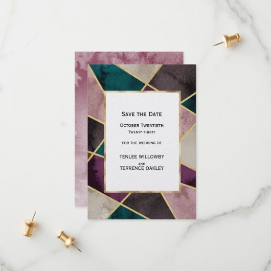 Save The Date Luxurious Gold Geometric Green Purple Wedding (Devant/Arrière en situation)