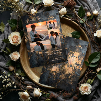 Save The Date Luxury Dark Grey Gold Wedding 4 Photo Collage