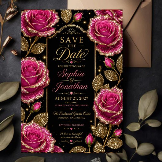 Save The Date Luxury Hot Pink Glitter Rose