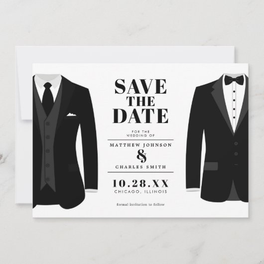Save The Date M. & M. Mariage Moderne Tux Noir - Épargnez la Dat (Devant)