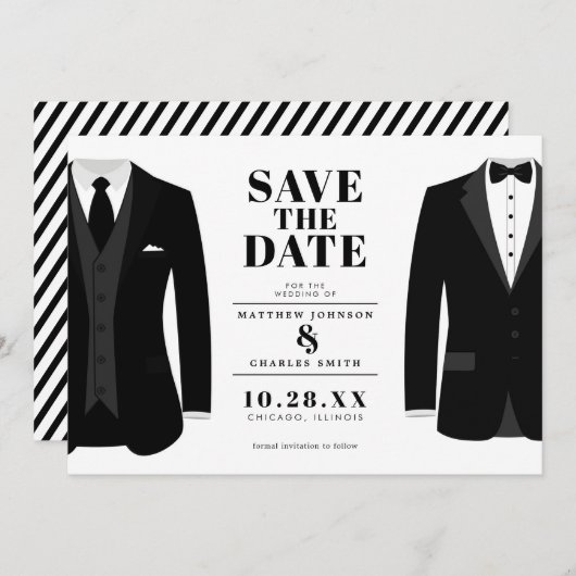 Save The Date M. & M. Mariage Moderne Tux Noir - Épargnez la Dat (Devant / Derrière)