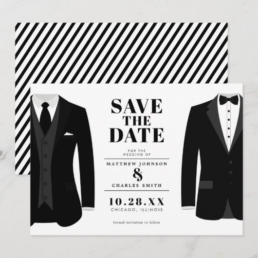 Save The Date M. & M. Mariage Moderne Tux Noir - Sauvegarder la  (Devant / Derrière)