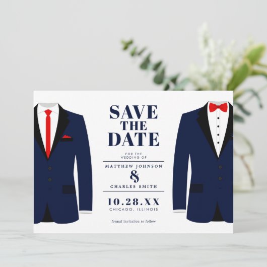 Save The Date M. & Mr. Modern Mariage Navy Tux - Enregistrer la (Debout devant)