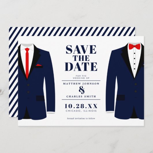 Save The Date M. & Mr. Modern Mariage Navy Tux - Enregistrer la (Devant / Derrière)