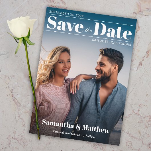 Save The Date Magazine Cover Modern White Typography Photo