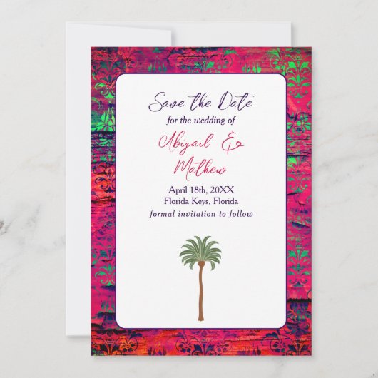 Save The Date Magenta et palmier tropical Mariage Inde (Devant)