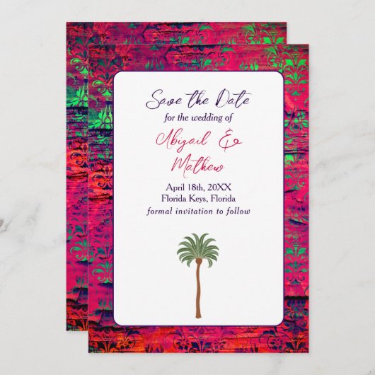 Save The Date Magenta et palmier tropical Mariage Inde (Devant / Derrière)