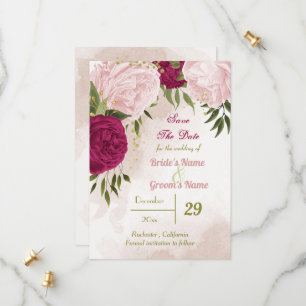 Save The Date magenta fleurs roses feuilles verts