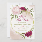 Save The Date magenta fleurs roses feuilles verts (Devant)