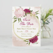 Save The Date magenta fleurs roses feuilles verts (Debout devant)