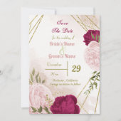 Save The Date magenta fleurs roses feuilles verts (Devant)