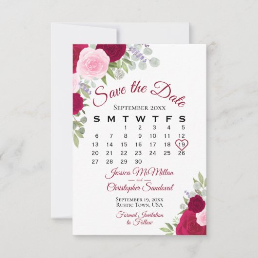 Save The Date Magenta Rose Floral Élégant Boho Calendrier Mariag (Devant)