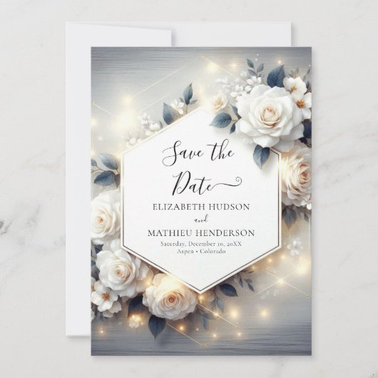 Save The Date Magic Chic White Roses Mariage (Devant)