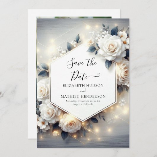 Save The Date Magic Chic White Roses Mariage (Devant / Derrière)