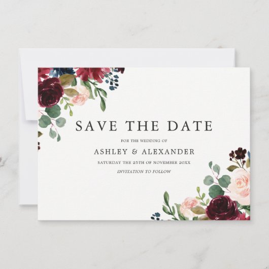 Save The Date Magnifique Blush & Fleurs Bourgognes Mariage éléga (Devant)