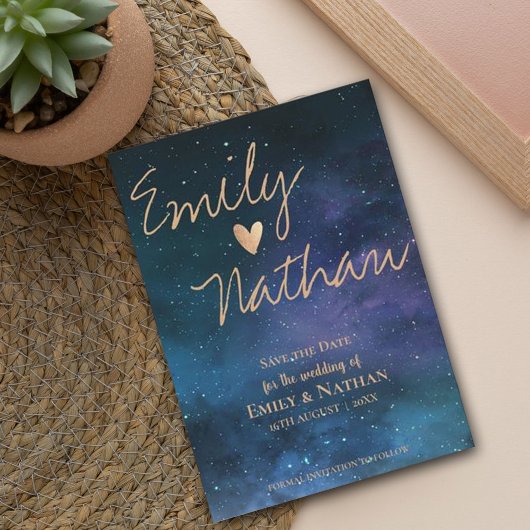 Save The Date Magnifique nuit étoilée typographie dorée mariage