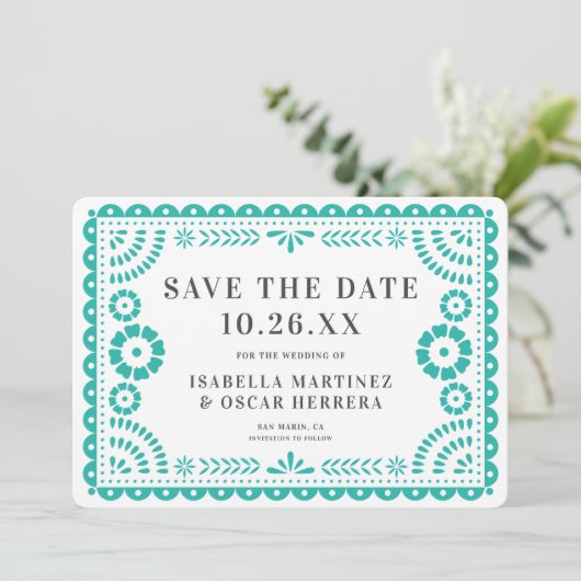 Save The Date Magnifique Ornate Papel Picado Photo Aqua Mariage (Debout devant)