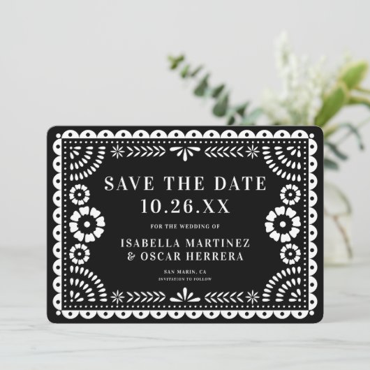 Save The Date Magnifique Ornate Papel Picado Photo Mariage noir (Debout devant)