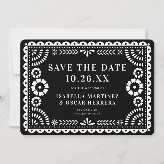 Save The Date Magnifique Ornate Papel Picado Photo Mariage noir (Devant)