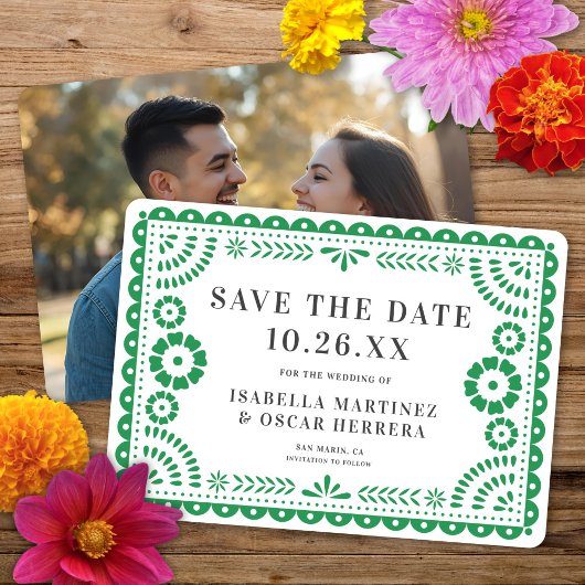 Save The Date Magnifique Ornate Papel Picado Photo Mariage vert