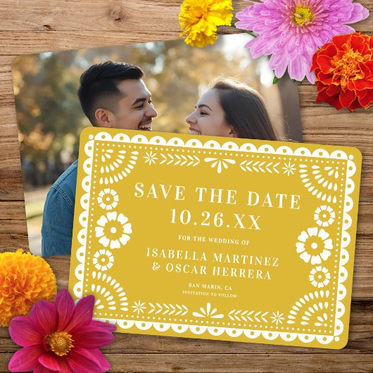 Save The Date Magnifique Papel Orné Picado Photo Mariage Jaune