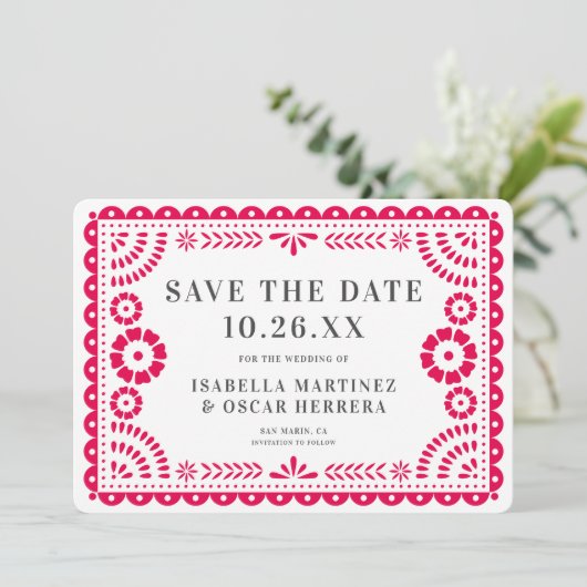 Save The Date Magnifique Papel Orné Picado Photo Mariage rose (Debout devant)