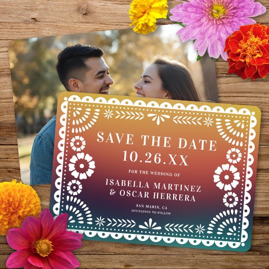 Save The Date Magnifique Papel Picado Photo Coucher de soleil Om
