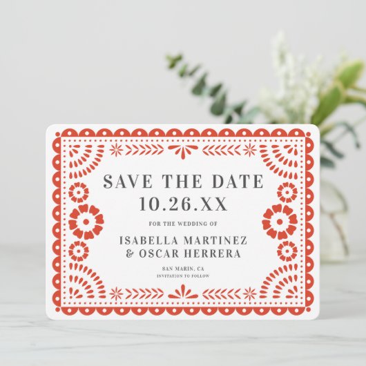Save The Date Magnifique Papel Picado Photo Mariage rouge chaud (Debout devant)