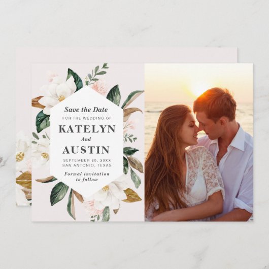 Save The Date magnolia blush floral photo enregistrer la date (Devant / Derrière)