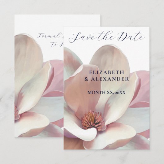 Save The Date Magnolia Élégant Mariage Rose et Blanc (Devant / Derrière)