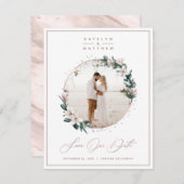 Save The Date Magnolia Floral & Rose Gold Circle photo encadrée (Devant / Derrière)