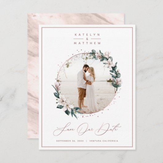 Save The Date Magnolia Floral & Rose Gold Circle photo encadrée (Devant / Derrière)