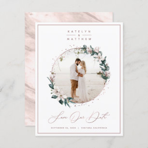 Save The Date Magnolia Floral & Rose Gold Circle photo encadrée