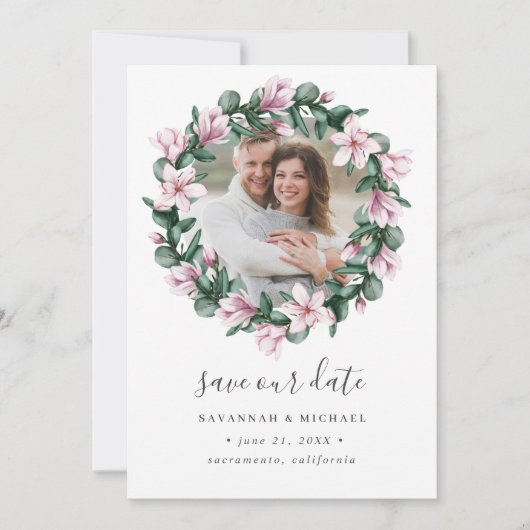 Save The Date Magnolia Frame Wreath Photo mariage enregistrer la (Devant)