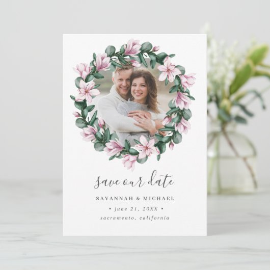 Save The Date Magnolia Frame Wreath Photo mariage enregistrer la (Debout devant)