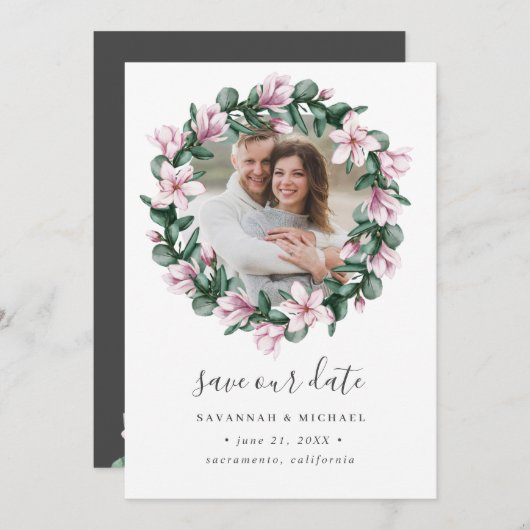Save The Date Magnolia Frame Wreath Photo mariage enregistrer la (Devant / Derrière)