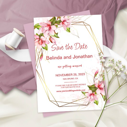 Save The Date Magnolias avec Faux Gold Foil Frame Rustique Maria