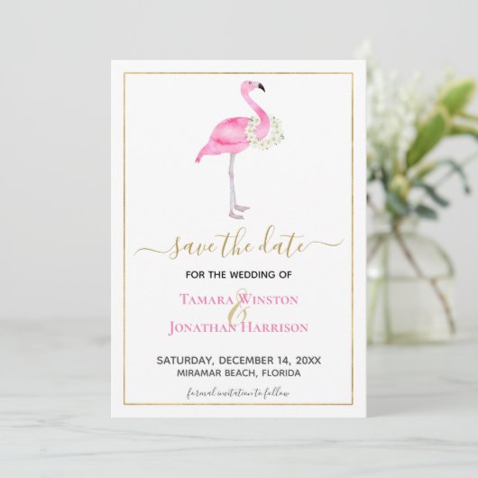 Save The Date Magnolias Rose Tropical Flamingo Mariage à la Plag (Debout devant)