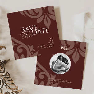Save The Date Mahogany Red Damask Elegant Classic Photo Mariage
