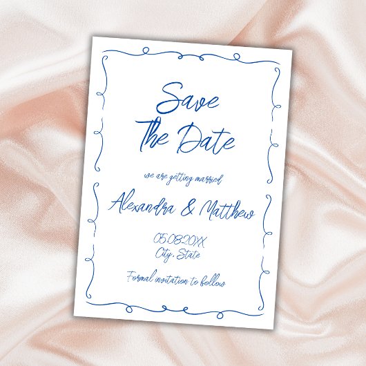 Save The Date Main dessinée Whimsical Blue Funky Mariage
