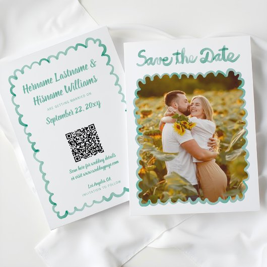 Save The Date Main lunaire tirée verte Photo QR Site Web