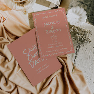 Save The Date Main rétro dessinée Écrit Coral Funky Mariage amus
