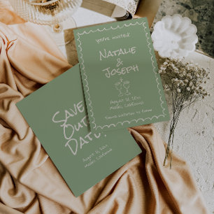 Save The Date Main rétro dessinée Écrite Green Funky Boho Mariag