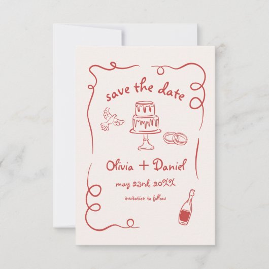 Save The Date Main Whimsical Tirée Mariage Photo Rouge (Devant)