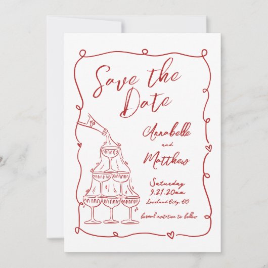 Save The Date Main Whimsical Tirée Mariage Rouge Enregistrer La (Devant)