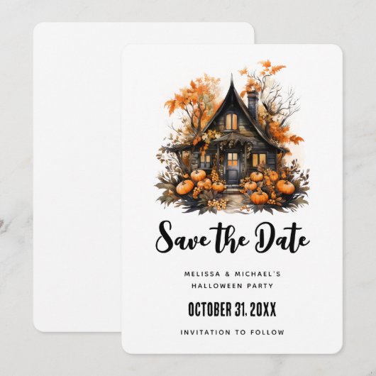 Save The Date Maison hantée avec Halloween Citrouille (Devant / Derrière)