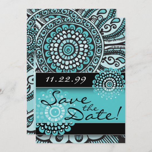 Save The Date Mandala Lace Turquoise Black Enregistrer le Mariag (Devant / Derrière)