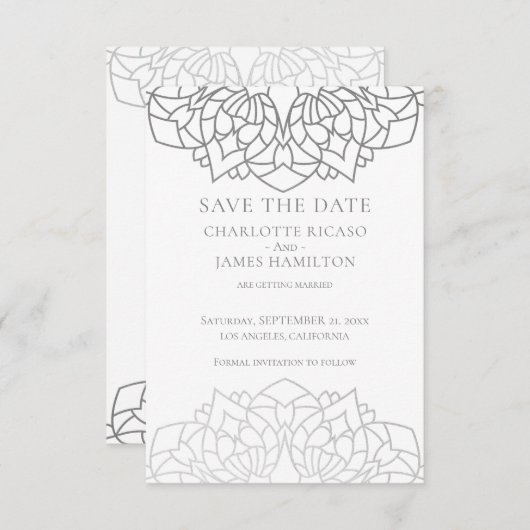 Save The Date Mandala Motif Silver Grey Mariage personnalisé (Devant / Derrière)